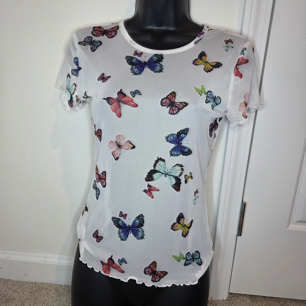 Butterfly Print Sheer White Top